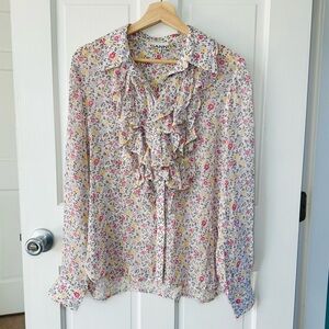 GANNI Ditsy Floral Ruffle Front Blouse Sheer Button Up Top Size M / L